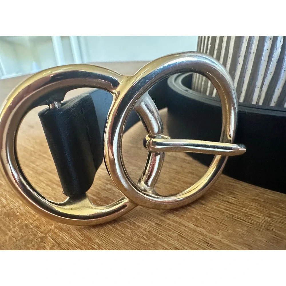 Womens Black Faux Leather Belt Gold Double O-Ring Circle Buckle Accessory Large